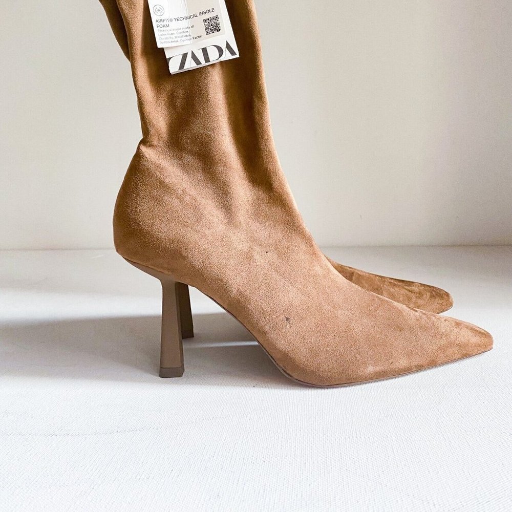 Zara Tan Suede Pointed Toe Ankle Booties